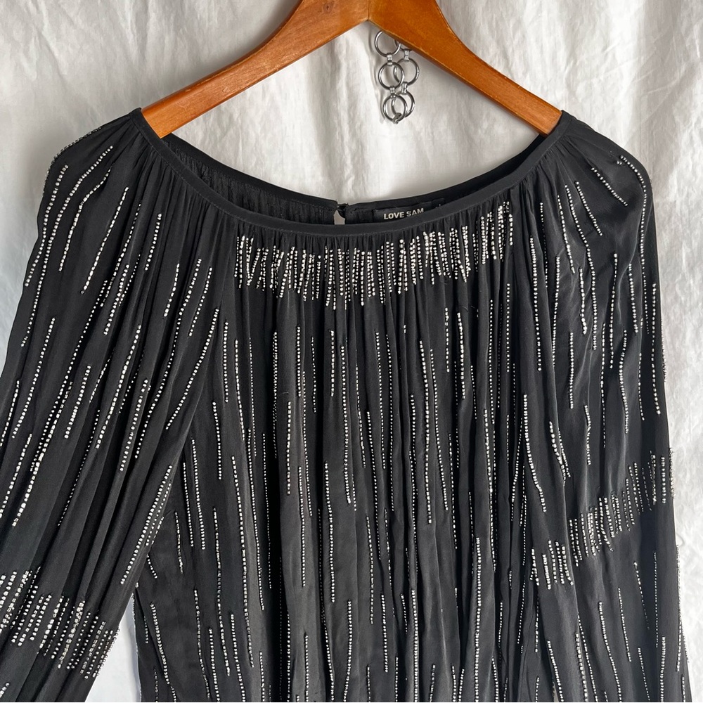 Love Sam Beaded Black Shirt Women Large L Long Sleeve Embellished Party Blouse